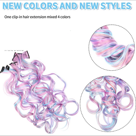 NEW Curly Unicorn 26" Long Clip-in Hair Extensions 7 Pcs Pink Purple & Blue - Picture 4 of 8